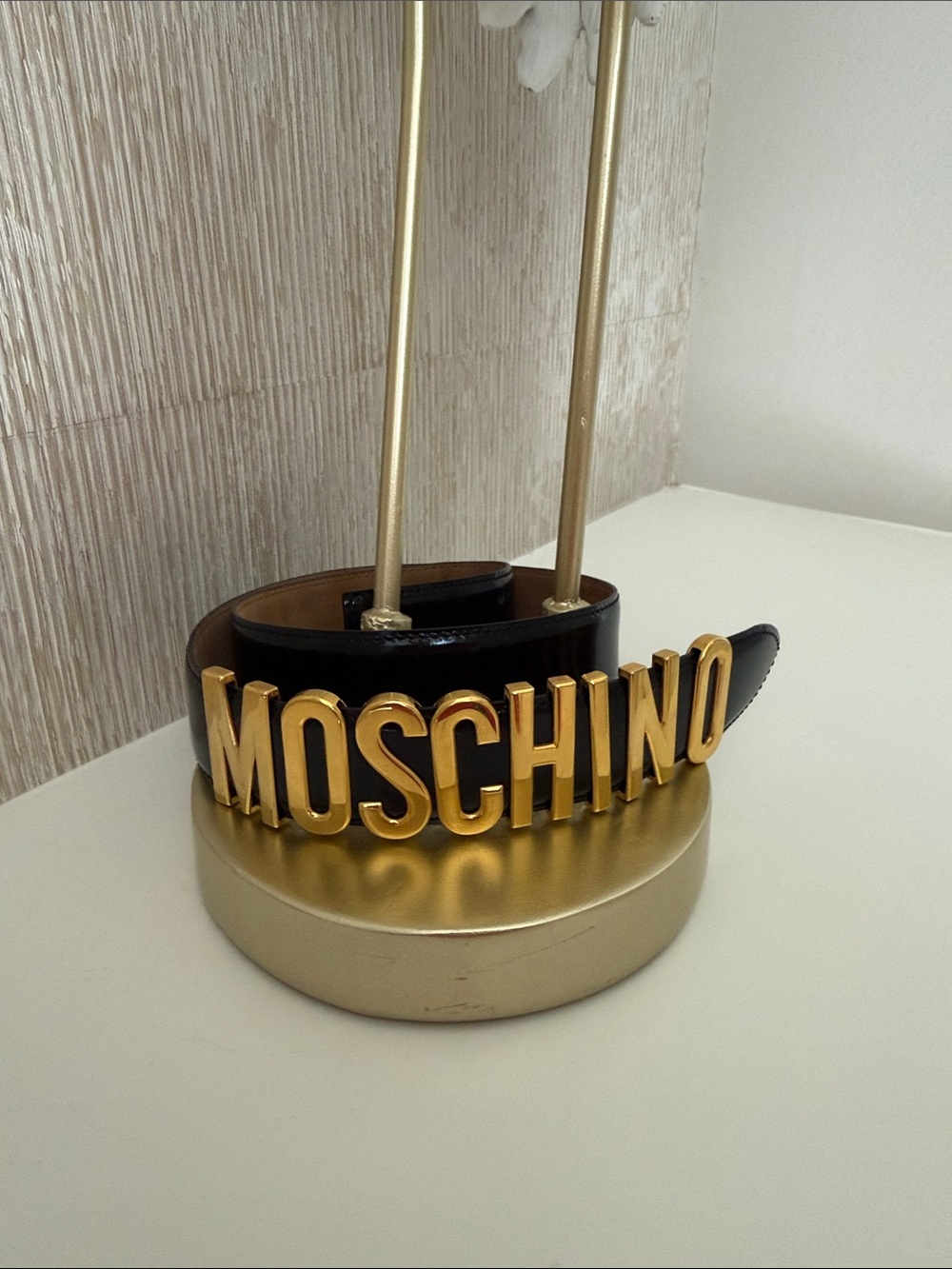Moschino Black Leather Belt with Gold Lettering